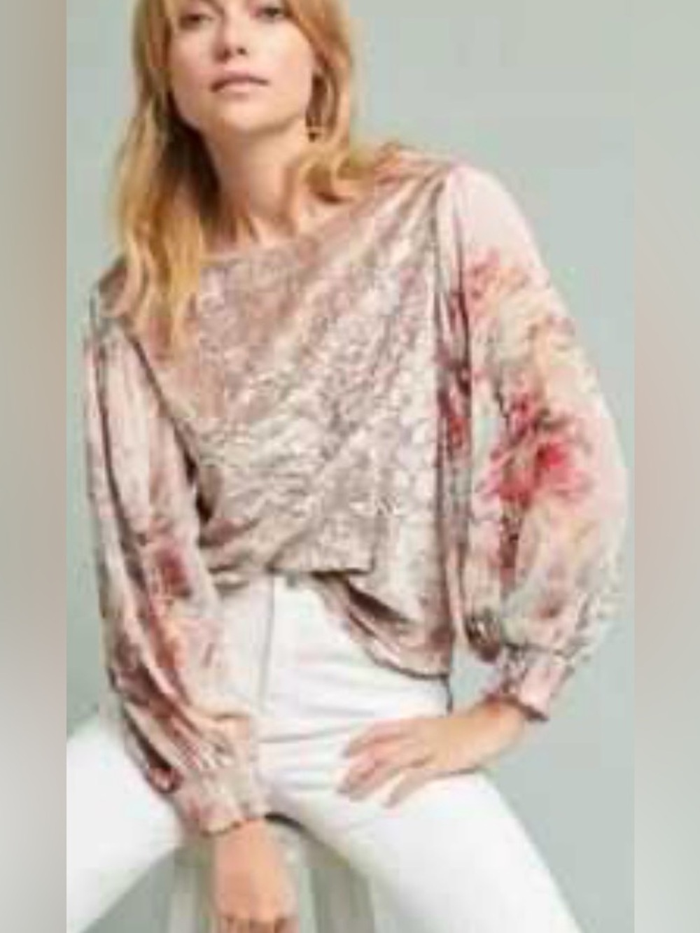 Anthropologie Women's Pink Floral Long-Sleeve Velvet Top